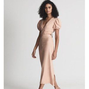 Reiss Jennah Puff Sleeve Cut Out Back Midi in Peach